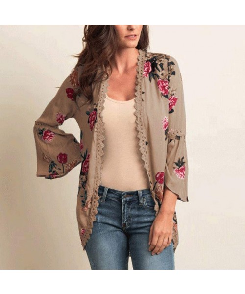 Racing Chiffon Shawl Print Lace Kimono Cardigan Cover Up Flare Sleeve Beachwear Women - Khaki - C618OM8HEWS