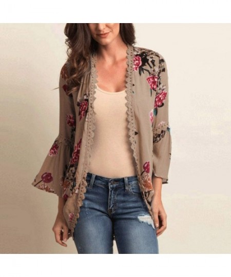 Racing Chiffon Shawl Print Lace Kimono Cardigan Cover Up Flare Sleeve Beachwear Women - Khaki - C618OM8HEWS