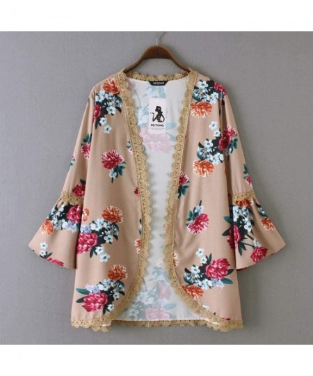 Racing Chiffon Shawl Print Lace Kimono Cardigan Cover Up Flare Sleeve Beachwear Women - Khaki - C618OM8HEWS