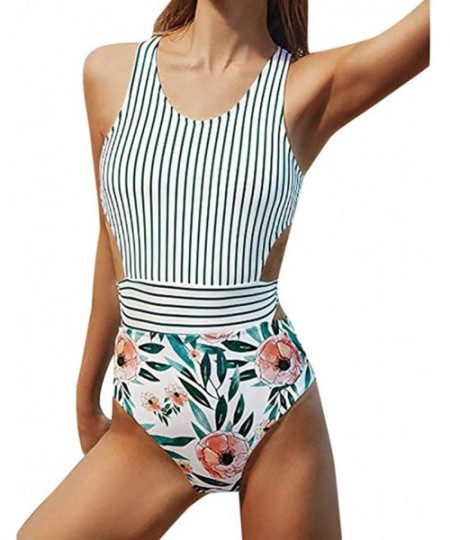 Cover-Ups Women's Vintage Floral Print Strap Tankini - Green1 - CO18QOGHUA7