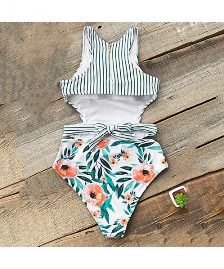 Cover-Ups Women's Vintage Floral Print Strap Tankini - Green1 - CO18QOGHUA7