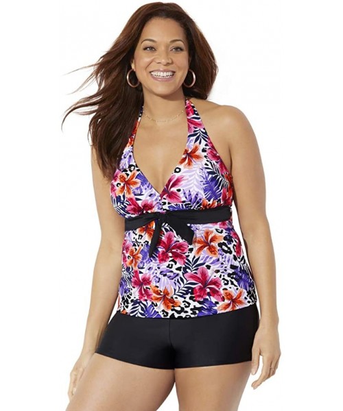 Tankinis Women's Plus Size Halter Tankini Set with Boy Short - Animal Flower - CN196CLQMNU