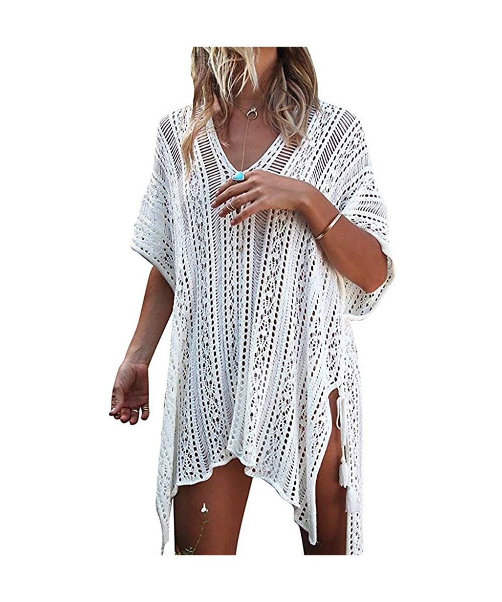 Cover-Ups Women's Cover Up Sexy Swimsuit for Women Crochet Hollow V Neckline Fashion Swimwear Beach Bikini Cover Ups Off Whit...