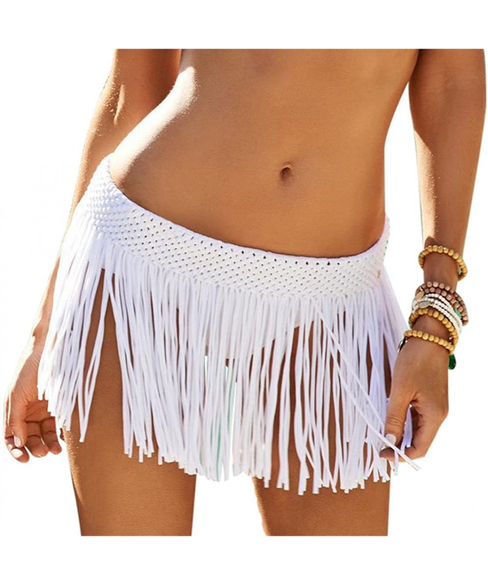 Cover-Ups Women Elastic Waist Crochet Tassel Fringe Cover up Mini Skirt - White - CA12H43HGEP