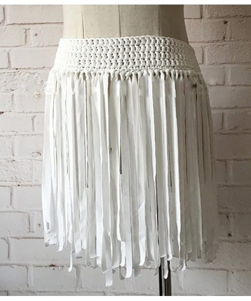 Cover-Ups Women Elastic Waist Crochet Tassel Fringe Cover up Mini Skirt - White - CA12H43HGEP