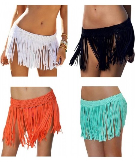 Cover-Ups Women Elastic Waist Crochet Tassel Fringe Cover up Mini Skirt - White - CA12H43HGEP