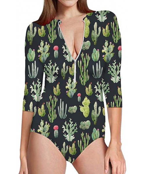 Rash Guards Cute Cactus Women's One Piece Swimsuits Long Sleeve UV Protection Surfing Rash Guard Zip Bathing Suit Swimwear - ...