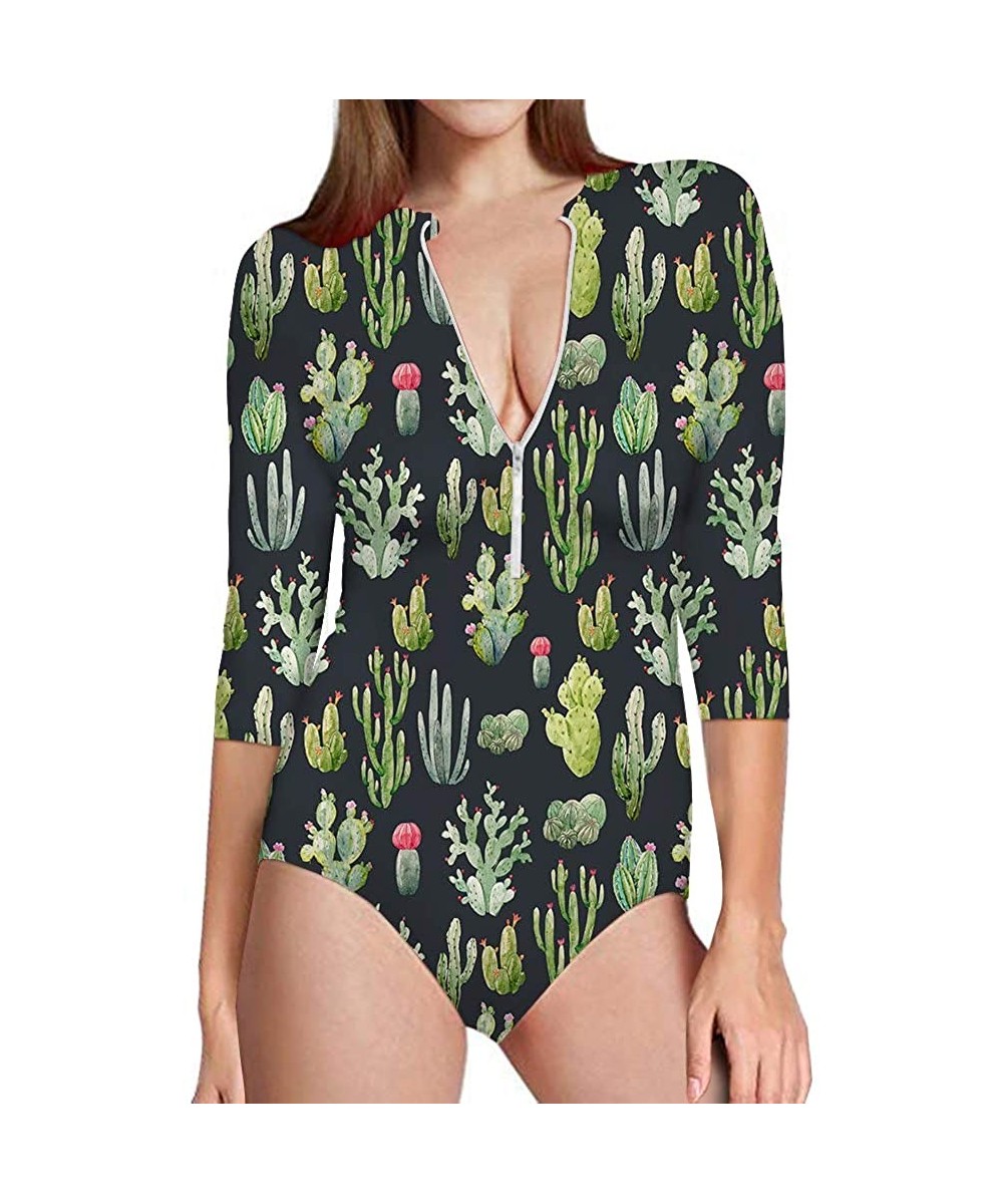 Rash Guards Cute Cactus Women's One Piece Swimsuits Long Sleeve UV Protection Surfing Rash Guard Zip Bathing Suit Swimwear - ...