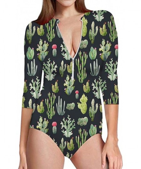 Rash Guards Cute Cactus Women's One Piece Swimsuits Long Sleeve UV Protection Surfing Rash Guard Zip Bathing Suit Swimwear - ...