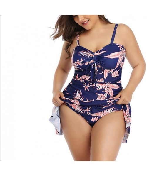 Racing Women Plus Size Two Piece Drawstring Skirt Large Size Split Swimsuit Solid Color Printed Skirt Tankini Set Purple - CY...