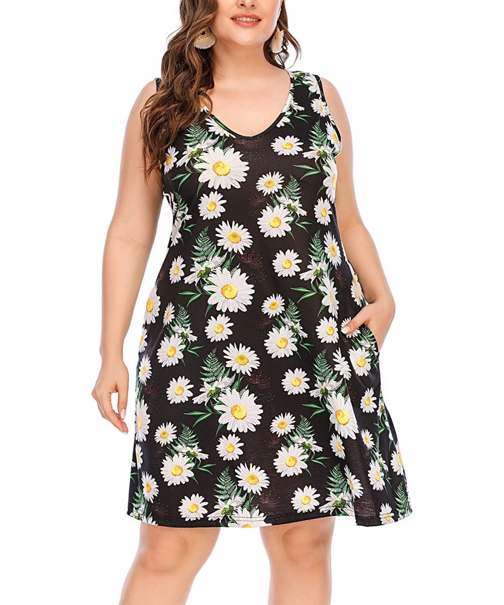 Cover-Ups Women Plus Size V Neck Sleeveless Floral Print Pocket T Shirt Dresses Casual Midi Tank Dress Beach Cover up Sundres...