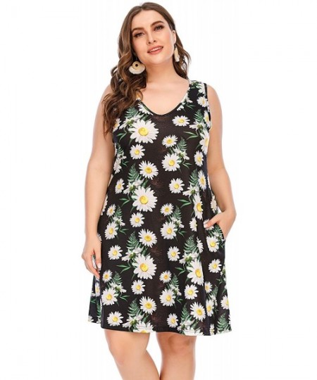 Cover-Ups Women Plus Size V Neck Sleeveless Floral Print Pocket T Shirt Dresses Casual Midi Tank Dress Beach Cover up Sundres...