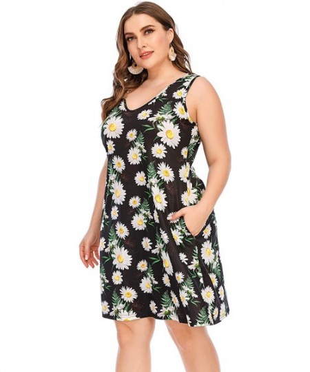 Cover-Ups Women Plus Size V Neck Sleeveless Floral Print Pocket T Shirt Dresses Casual Midi Tank Dress Beach Cover up Sundres...