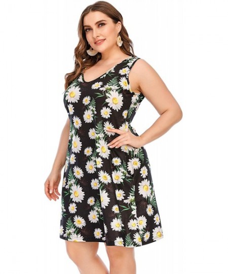 Cover-Ups Women Plus Size V Neck Sleeveless Floral Print Pocket T Shirt Dresses Casual Midi Tank Dress Beach Cover up Sundres...