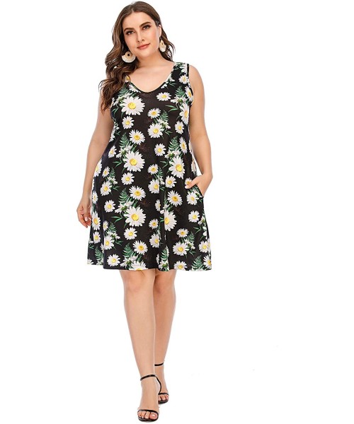 Cover-Ups Women Plus Size V Neck Sleeveless Floral Print Pocket T Shirt Dresses Casual Midi Tank Dress Beach Cover up Sundres...