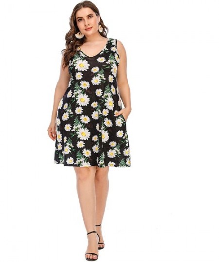 Cover-Ups Women Plus Size V Neck Sleeveless Floral Print Pocket T Shirt Dresses Casual Midi Tank Dress Beach Cover up Sundres...