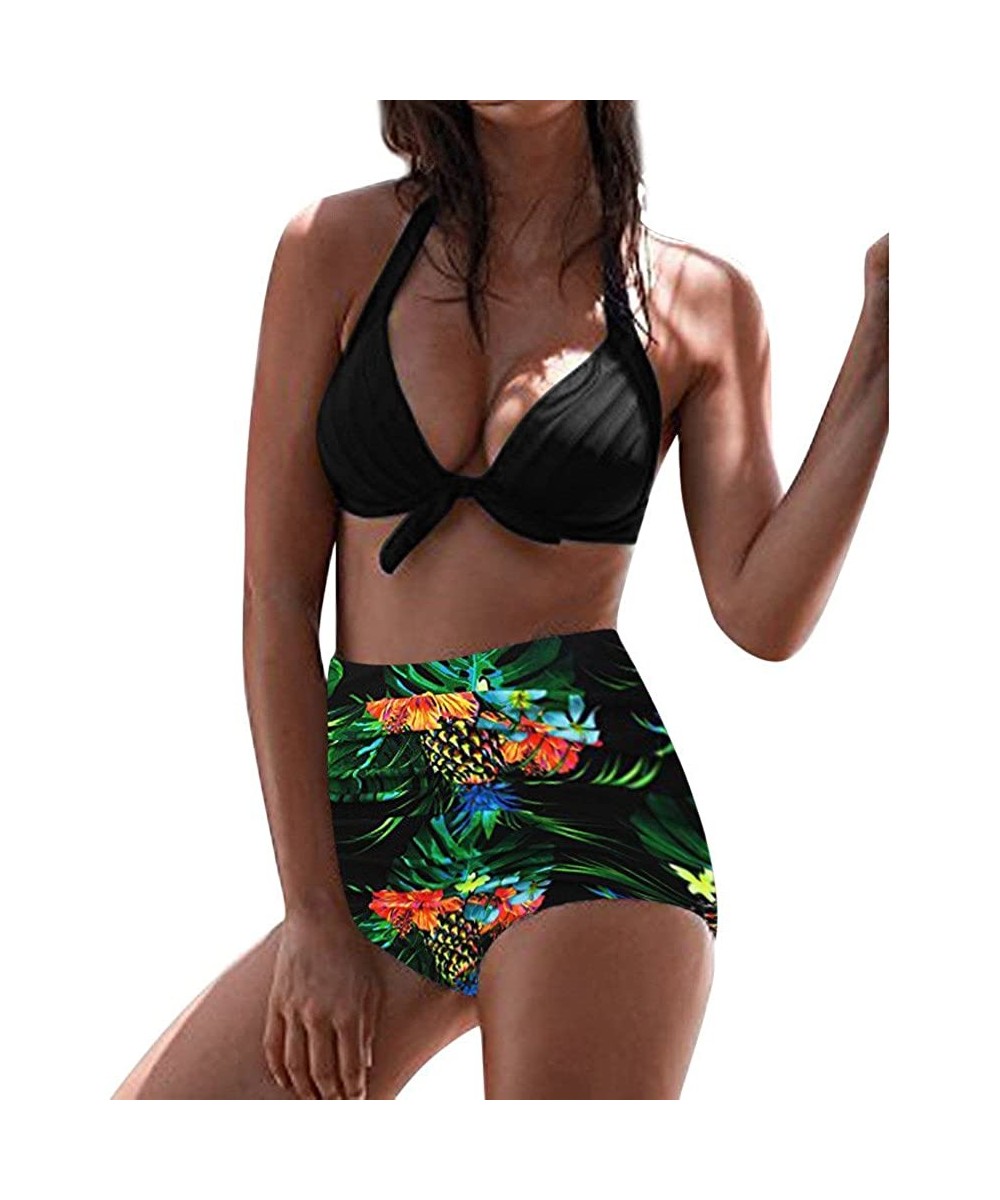 Tops Women's High Waist Bikini Swimwear Women's Vintage Print Beachwear Bikini Set Swimwear - B7-green - C9196LARZOK