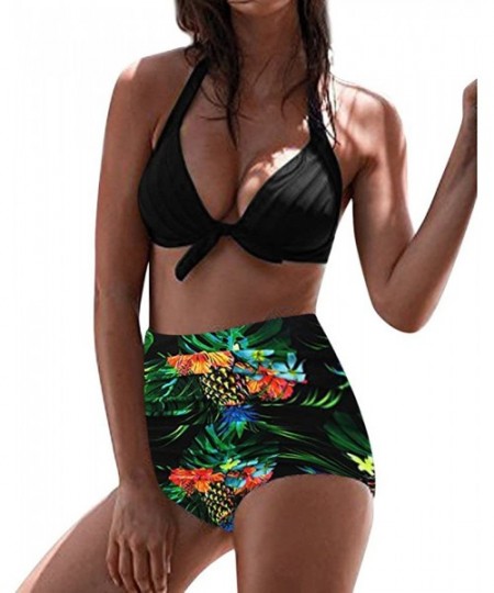 Tops Women's High Waist Bikini Swimwear Women's Vintage Print Beachwear Bikini Set Swimwear - B7-green - C9196LARZOK