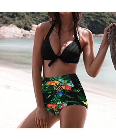 Tops Women's High Waist Bikini Swimwear Women's Vintage Print Beachwear Bikini Set Swimwear - B7-green - C9196LARZOK