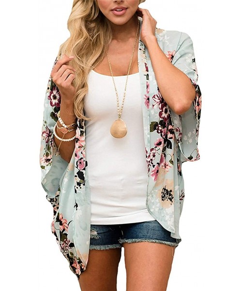 Cover-Ups Womens Beach Kimono Cardigan Chiffon Floral Print Short Cover up - Green - C018W8WD3W8