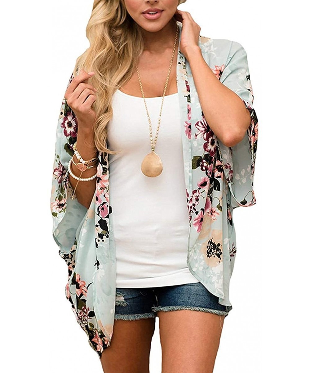 Cover-Ups Womens Beach Kimono Cardigan Chiffon Floral Print Short Cover up - Green - C018W8WD3W8