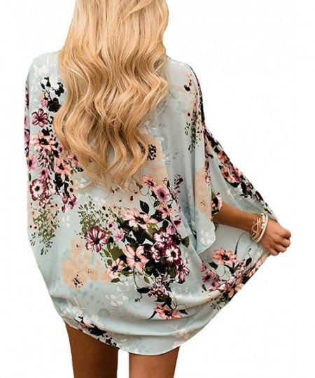 Cover-Ups Womens Beach Kimono Cardigan Chiffon Floral Print Short Cover up - Green - C018W8WD3W8