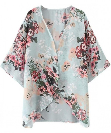 Cover-Ups Womens Beach Kimono Cardigan Chiffon Floral Print Short Cover up - Green - C018W8WD3W8