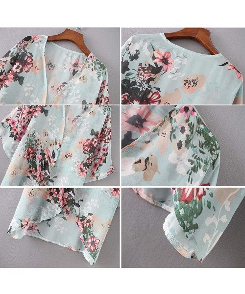 Cover-Ups Womens Beach Kimono Cardigan Chiffon Floral Print Short Cover up - Green - C018W8WD3W8