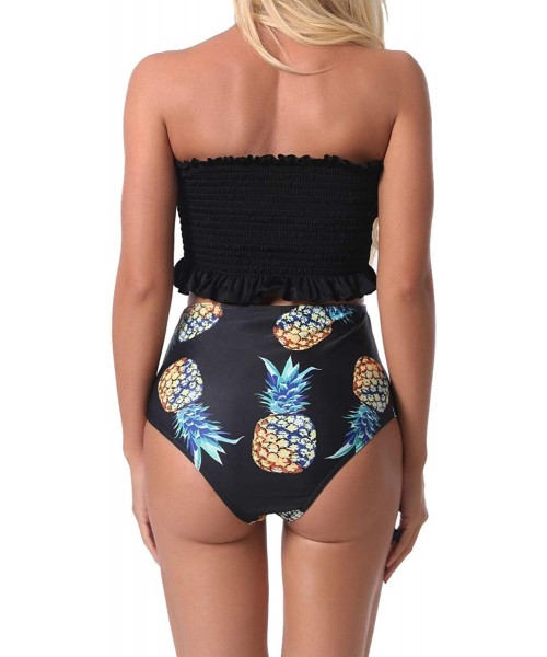 Sets Womens Swimsuits Strapless Bikini Bandeau Tops Ruched Two Piece High Waisted Bathing Suits - Pineapple - CJ197M4XEO6