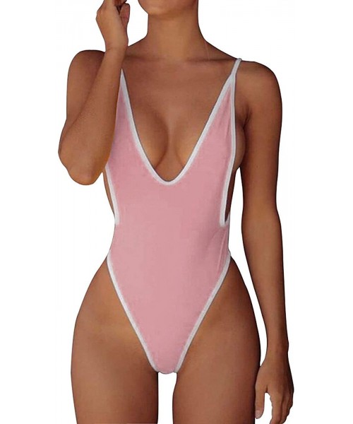 One-Pieces Women Monokini Retro Thong One Piece Swimsuit Deep V High Cut Sexy Trikini Push Up Strappy Backless - Baby Pink - ...