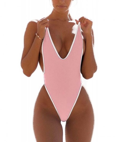 One-Pieces Women Monokini Retro Thong One Piece Swimsuit Deep V High Cut Sexy Trikini Push Up Strappy Backless - Baby Pink - ...