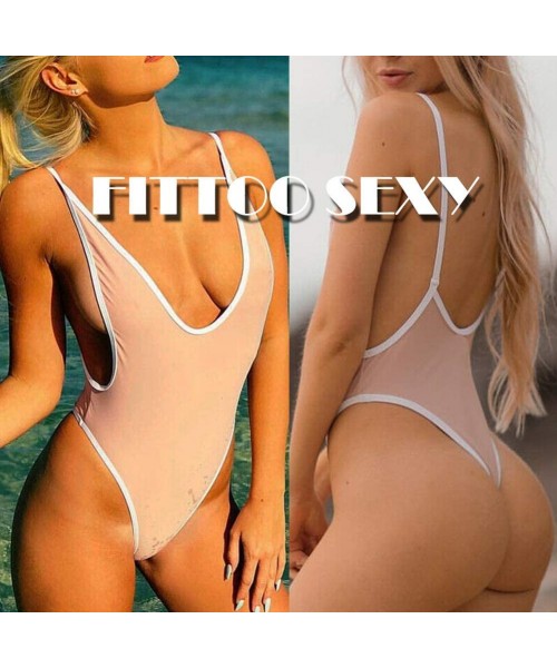 One-Pieces Women Monokini Retro Thong One Piece Swimsuit Deep V High Cut Sexy Trikini Push Up Strappy Backless - Baby Pink - ...