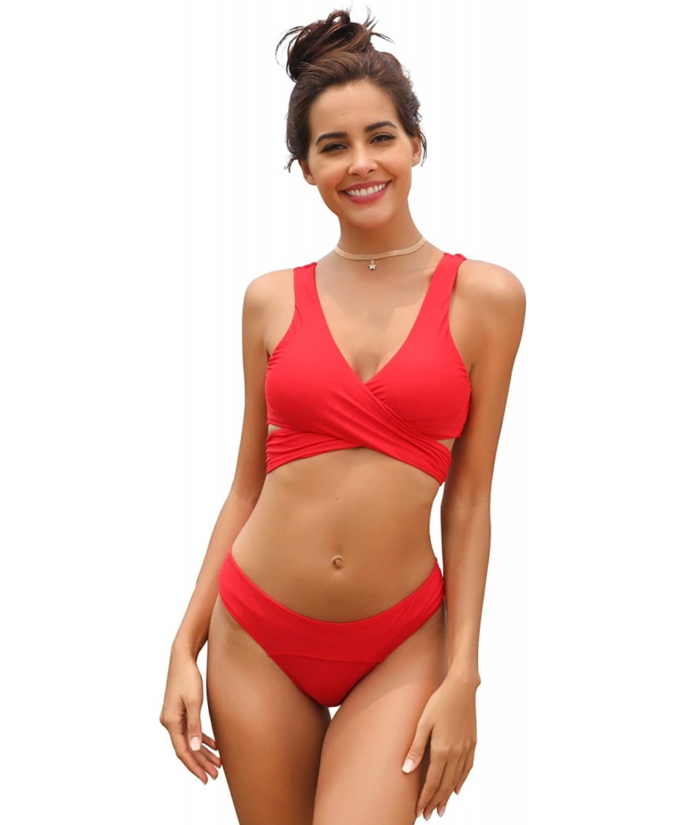 Sets Women's Criss Cross Bikini Push-up Bandage Swimsuits Cheeky Bikini Bottom - Rose Red - C418EDRKKXI