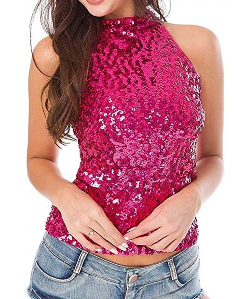 Cover-Ups Women's Sexy Sequin Tanks Glitter Sparkle Vest Halter Sleeveless Tops Slim Clubwear Bling Party Camis - Hot Pink - ...