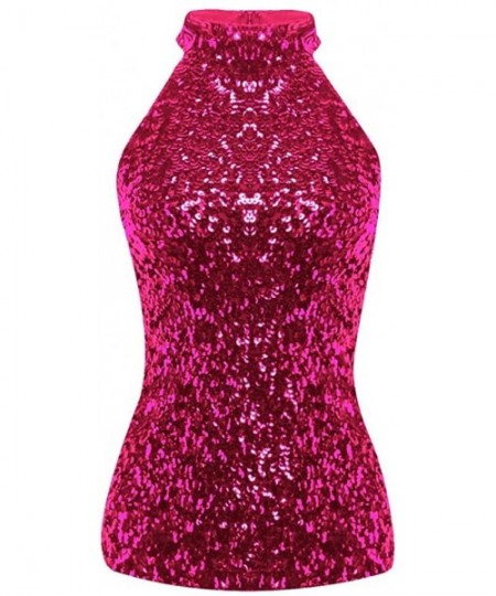 Cover-Ups Women's Sexy Sequin Tanks Glitter Sparkle Vest Halter Sleeveless Tops Slim Clubwear Bling Party Camis - Hot Pink - ...