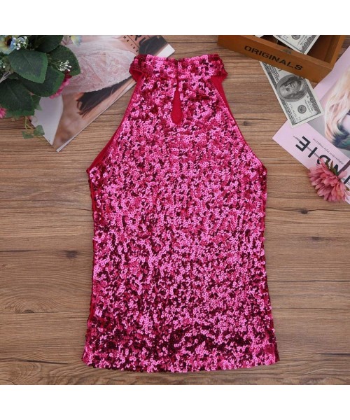 Cover-Ups Women's Sexy Sequin Tanks Glitter Sparkle Vest Halter Sleeveless Tops Slim Clubwear Bling Party Camis - Hot Pink - ...