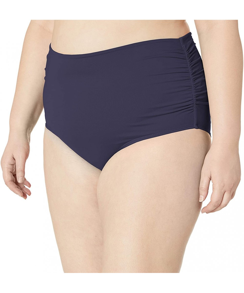 Bottoms Women's Plus Size High Waist Fold Over Double Lined Bikini Swim Bottom - Navy - CX18ZQ77NKZ