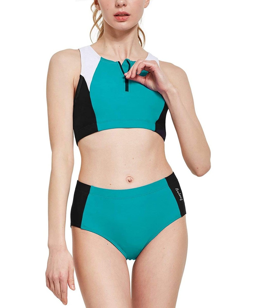 Racing Women's Workout Bikini Set Two Piece Training Swimsuit Zipper Athletic Rash Guard - Green/Black/White - CF194439MWU