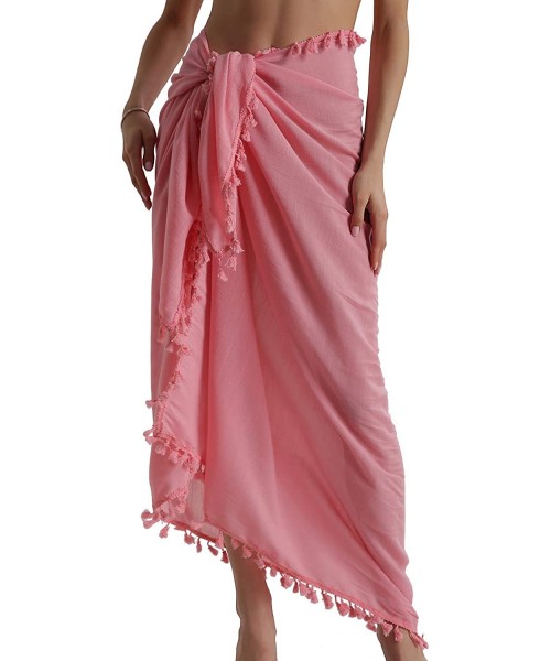 Cover-Ups Beach Sarong Pareo Womens Semi-Sheer Swimwear Cover Ups Short Skirt with Tassels - 21-pink-long - CB18S82SR5Y