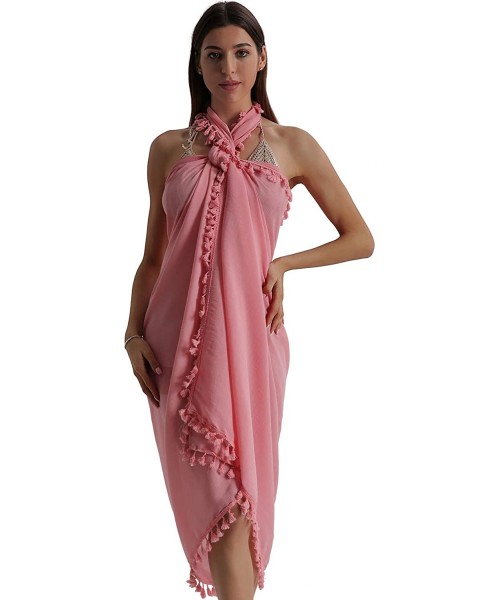 Cover-Ups Beach Sarong Pareo Womens Semi-Sheer Swimwear Cover Ups Short Skirt with Tassels - 21-pink-long - CB18S82SR5Y