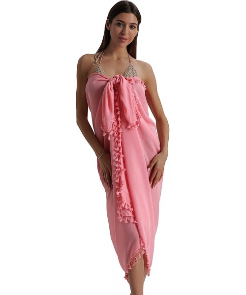 Cover-Ups Beach Sarong Pareo Womens Semi-Sheer Swimwear Cover Ups Short Skirt with Tassels - 21-pink-long - CB18S82SR5Y