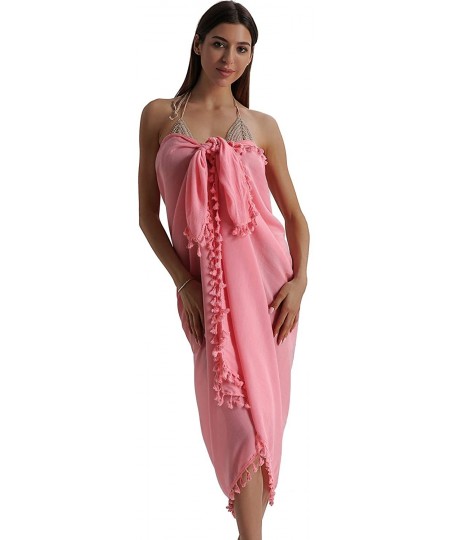 Cover-Ups Beach Sarong Pareo Womens Semi-Sheer Swimwear Cover Ups Short Skirt with Tassels - 21-pink-long - CB18S82SR5Y