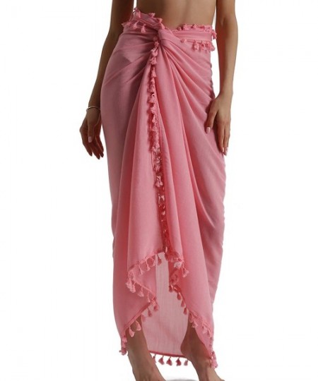 Cover-Ups Beach Sarong Pareo Womens Semi-Sheer Swimwear Cover Ups Short Skirt with Tassels - 21-pink-long - CB18S82SR5Y