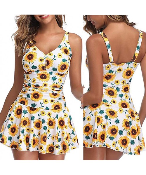 One-Pieces Plus Size Swimdress-Women's Plus Size Print Swimdress One Piece Swimsuit - Yellow - CK194MU85Z7