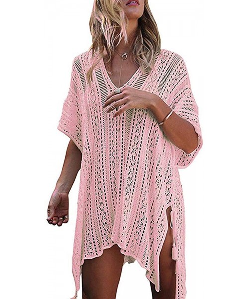 Cover-Ups Women's Cover Up Sexy Swimsuit for Women Crochet Hollow V Neckline Fashion Swimwear Beach Bikini Cover Ups Peach Pi...