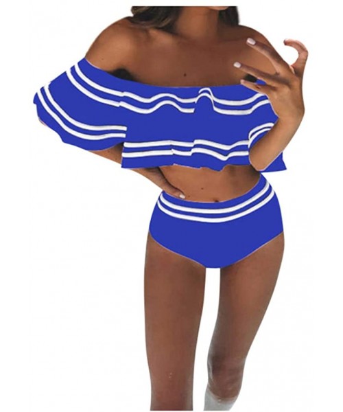 Bottoms Women Two Piece Swimsuit High Waisted Off Shoulder Ruffled Bikini Set Bathing Suits Swimwear - Blue - CE196DDYC9A