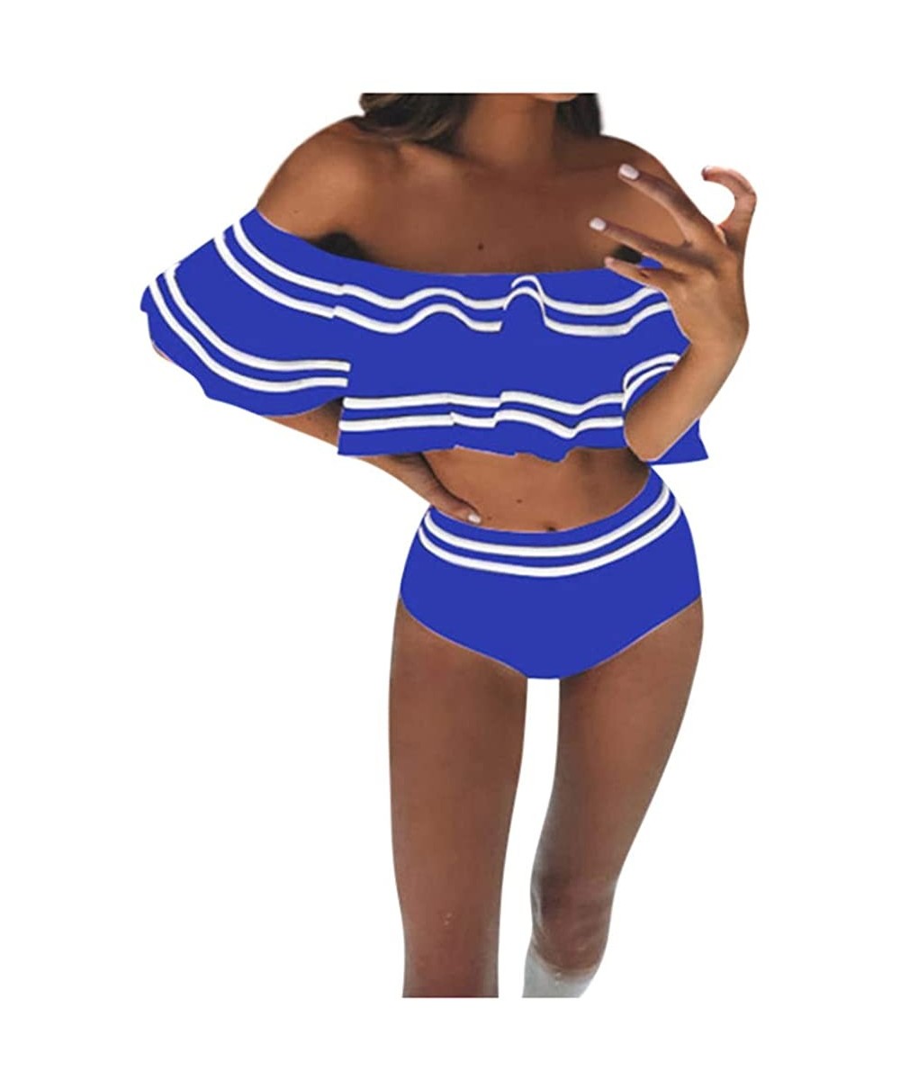 Bottoms Women Two Piece Swimsuit High Waisted Off Shoulder Ruffled Bikini Set Bathing Suits Swimwear - Blue - CE196DDYC9A