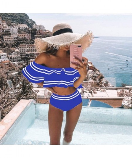 Bottoms Women Two Piece Swimsuit High Waisted Off Shoulder Ruffled Bikini Set Bathing Suits Swimwear - Blue - CE196DDYC9A