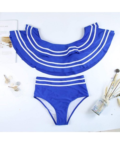 Bottoms Women Two Piece Swimsuit High Waisted Off Shoulder Ruffled Bikini Set Bathing Suits Swimwear - Blue - CE196DDYC9A