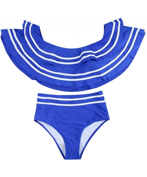 Bottoms Women Two Piece Swimsuit High Waisted Off Shoulder Ruffled Bikini Set Bathing Suits Swimwear - Blue - CE196DDYC9A